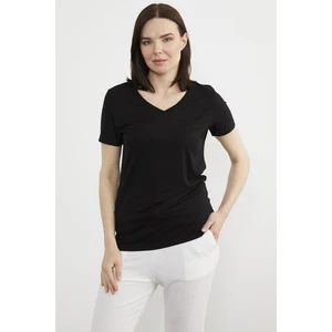 V Yaka  Dökümlü Basic Tişört - Siyah