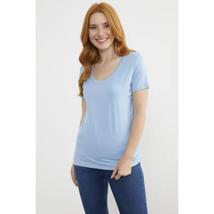 Açık Yaka Dökümlü Penye Tişört - Mavi