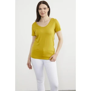 Açık Yaka Dökümlü Penye Tişört - Hardal