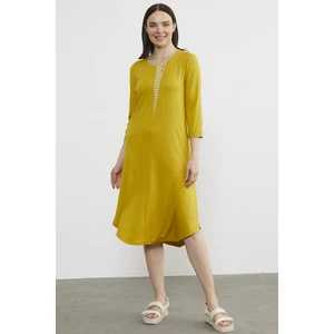 Çizgi Detaylı Dökümlü Penye Elbise - Hardal