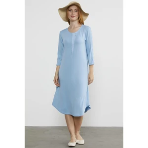 Çizgi Detaylı Dökümlü Penye Elbise - Mavi