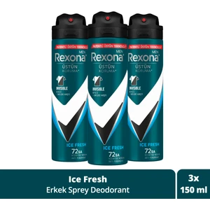 Men Erkek Sprey Deodorant Invisible Ice Fresh 72 Saat Kesintisiz Üstün Koruma 150 ml X3