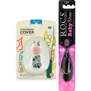 R.o.c.s. Baby Neon 0-3 Yaş Diş Fırçası Pembe ve Flipper Hijyenik Saklama Kabı Seti - Inek