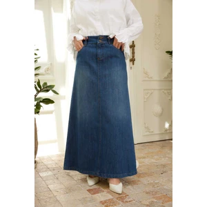 2254-DENIM Klasik Etek Koyu Mavi
