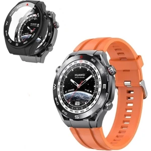 Huawei Watch Ultimate Kordon Kayış Soft Silikon Turuncu + Ekran Koruyucu Kasa Siyah