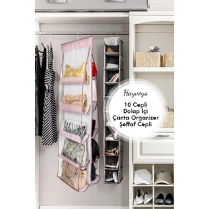 10 Cepli Dolap Içi Çanta ve Ayakkabı Düzenleyici Organizer Kolçantası Askısı Dolap Içi Organizer