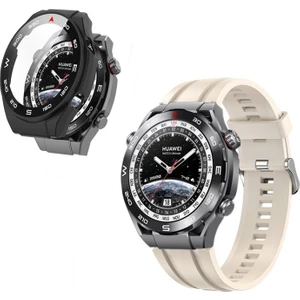 Huawei Watch Ultimate Kordon Kayış Soft Silikon Krem + Ekran Koruyucu Kasa Siyah