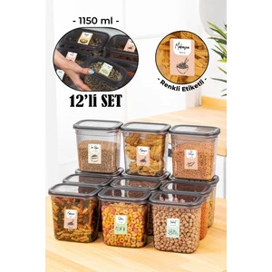 Renkli Etiketli Peggy Dikdörtgen Saklama Kabı Seti 1150 ml Antrasit 12'li