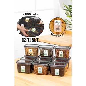 Renkli Etiketli Peggy Dikdörtgen Saklama Kabı Seti 800 ml Antrasit 12'li