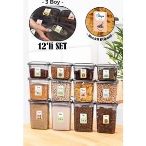 12li Renkli Etiketli Peggy Dikdörtgen Saklama Kabı Seti 4x(1500+1150+800 ml) Antrasit