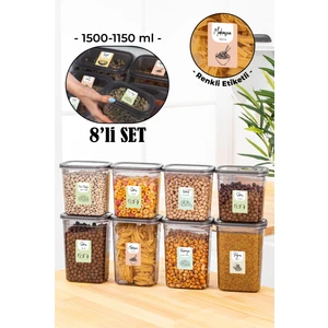 8li Renkli Etiketli Peggy Dikdörtgen Saklama Kabı Seti 4x(1500+1150 ml) Antrasit