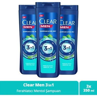 Clear Men 3 in 1 Şampuan & Duş Jeli Ferahlatıcı Mentol Etkisi Saç Yüz Vücut İçin 350 ml