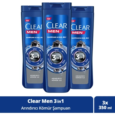 Clear Men 3 in 1 Şampuan & Duş Jeli Arındırıcı Kömür Saç Yüz Vücut İçin 350 ml