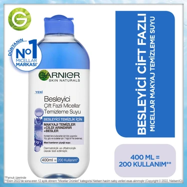 Garnier Besleyici Çift Fazlı Micellar Makyaj Temizleme Suyu 400 ml Mavi Kantaron Çiçeği Özü ile