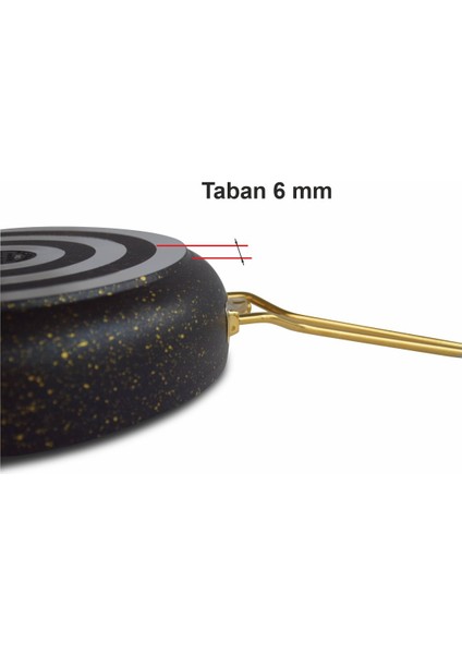 30 cm Cam Kapaklı Granit Düz Tava Altın Renk Kulplu
