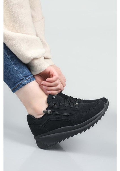 1662 Anatomik Tabanlı Fermuarlı Bayan Sneakers Ayakkabı - NKT01662-SIYAH Nubuk-36