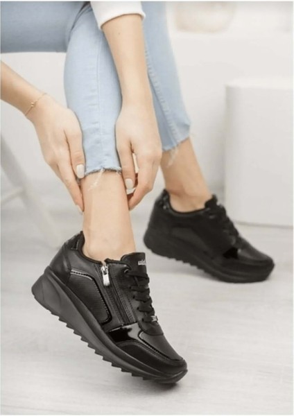 1662 Anatomik Tabanlı Fermuarlı Bayan Sneakers Ayakkabı - NKT01662-SIYAH-36