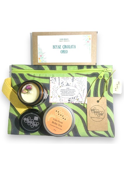 Anneler Günü Bir Dolu Hediye Çantası ( Clutch El Çantası - Gurme Bitki Çayı-Dekoratif Kokulu Doğal Soya Mum- Oreolu Artizan BeyazÇikolata)