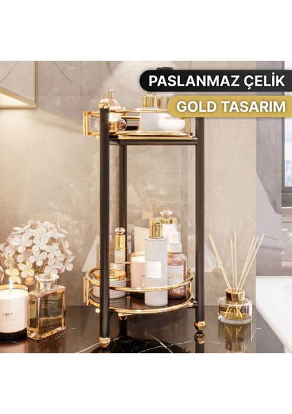 Servis Sunum Ikramlık Kek Pasta Standı Sunumluk Lüks Metal Gold 2 Katlı Tepsi Servis Arabası