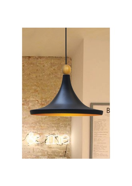Geniş Metal Avize Ahşap Boncuklu Mutfak Salon Cafe Ofis Pastane Tekli Sarkıt Lamba Aydınlatma