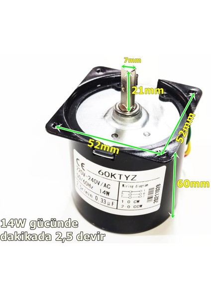 60KTYZ 14W 2,5Rpm Senkron Motor- Döner, Kuluçka, Kızartma, Buz Makineleri İçin modelleri