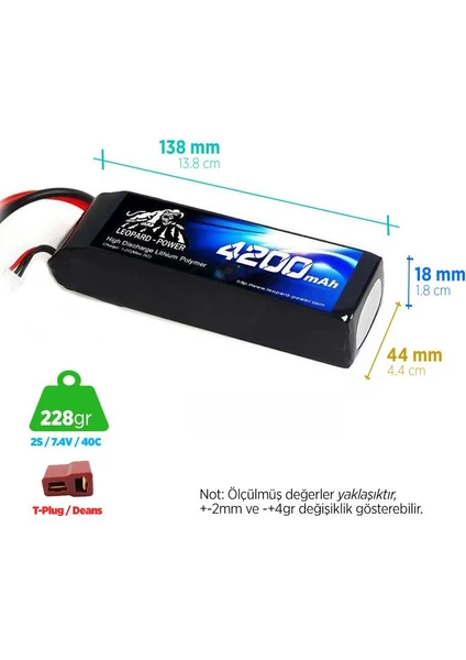 Leopard Power 4200 mAh 7.4V 2S 40C Lityum Polimer Lipo Batarya Pil T Plug