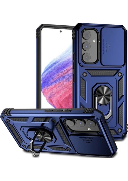 Samsung Galaxy A14 Kılıf Kamera Korumalı Sürgülü Vega Yüzüklü Armor Military Tank Zırh Lacivert
