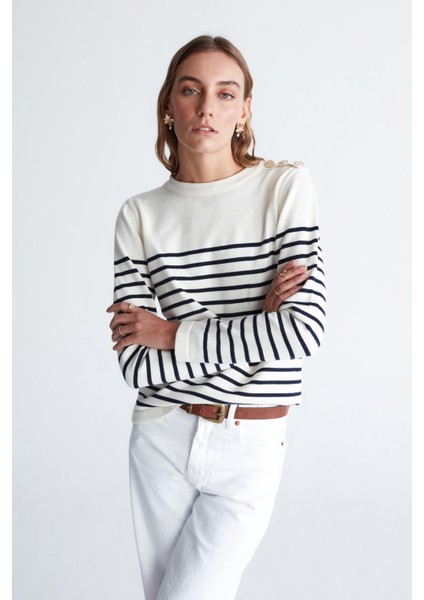 Styleboom x Peraluna Audrey Pullover Omzu Düğmeli Çizgili Organik Pamuk Mevsimlik Kadın Triko Kazak ekru/lacivert