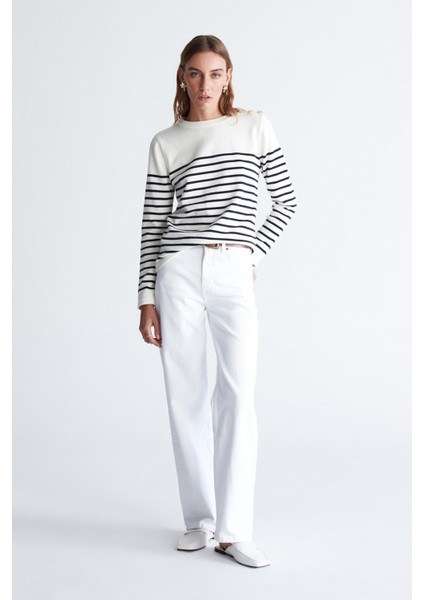 Styleboom x Peraluna Audrey Pullover Omzu Düğmeli Çizgili Organik Pamuk Mevsimlik Kadın Triko Kazak ekru/lacivert