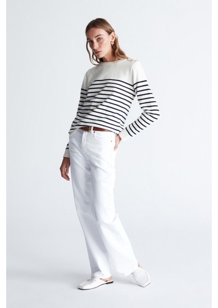 Styleboom x Peraluna Audrey Pullover Omzu Düğmeli Çizgili Organik Pamuk Mevsimlik Kadın Triko Kazak ekru/lacivert