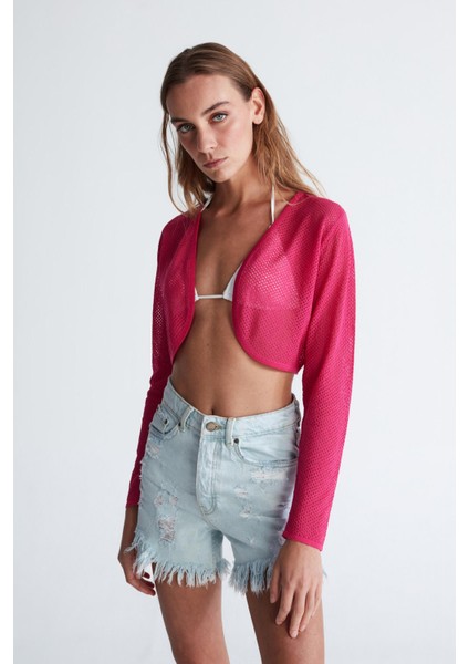 BUTTERFLY BOLERO File Örgü Uzun Kol Triko Kadın Bolero Magenta Pembe