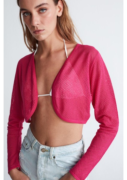 BUTTERFLY BOLERO File Örgü Uzun Kol Triko Kadın Bolero Magenta Pembe