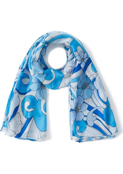 AZUL PAREO Çiçekli Dalga Desen 140X140 CM Şifon Pareo & Eşarp - Mavi
