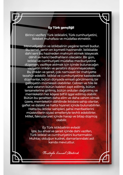 Atatürk'ün Gençliğe Hitabesi Cam Tablo, Dekoratif Cam Tablo