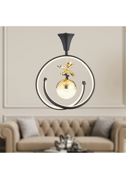 Mengü Tekli Siyah Gold Ledi Modern Oturma Odası, Koridor, Salon LED Avize