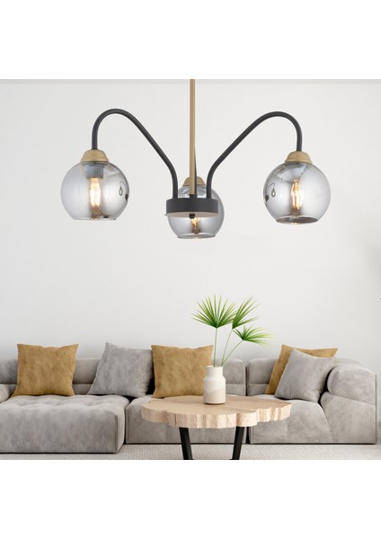 Ulrika 3'lü Siyah Eskitme Füme Camlı Modern Mutfak Yatak Odası Salon Avize