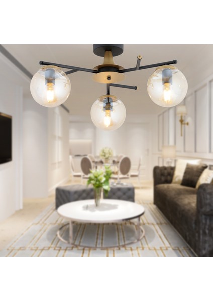 Peyda 3'lü Siyah Eskitme Bal Camlı Modern Koridor Yatak Odası Salon Avize