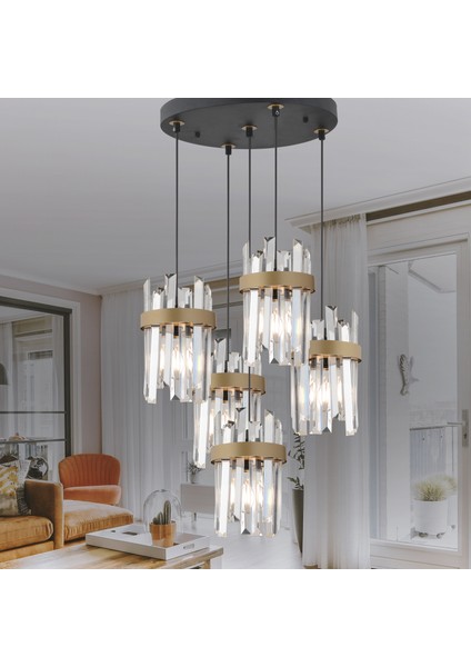 Apatit 5'li Yuvarlak Siyah Eskitme Kristal Taşlı Modern Koridor Yatak Odası Salon Kristalli Avize