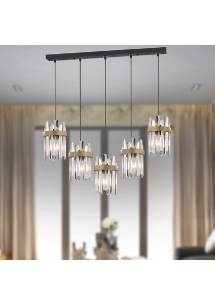 Apatit 5'li Sıralı Siyah Eskitme Kristal Taşlı Modern Koridor Yatak Odası Salon Kristalli Avize
