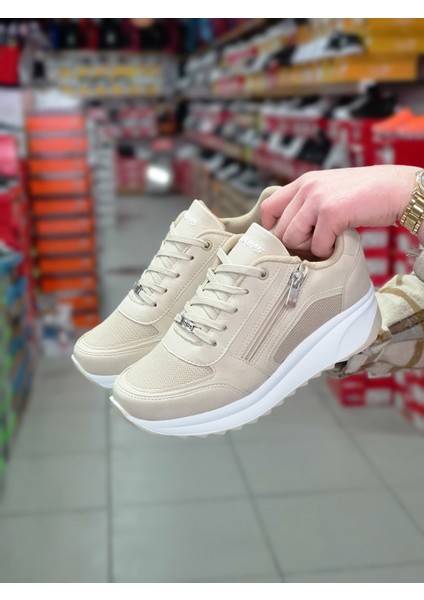 1662 Anatomik Tabanlı Fermuarlı Bayan Sneakers Ayakkabı - NKT01662-BEJ-37