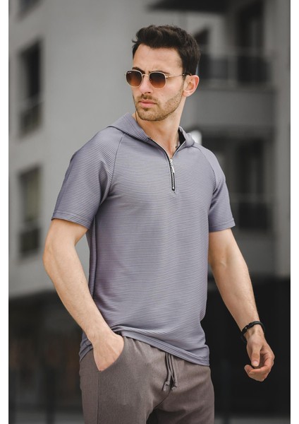 Allard Ottoman Kumaş Slim Fit Fermuarlı Kapüşonlu Erkek Tshirt