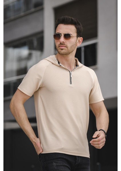 Allard Ottoman Kumaş Slim Fit Fermuarlı Kapüşonlu Erkek Tshirt