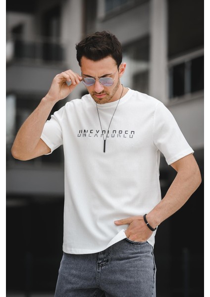 Unexplored Baskılı Comfort Fit Bisiklet Yaka Likralı Erkek Tshirt