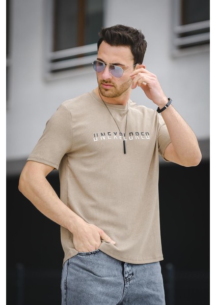 Unexplored Baskılı Comfort Fit Bisiklet Yaka Likralı Erkek Tshirt