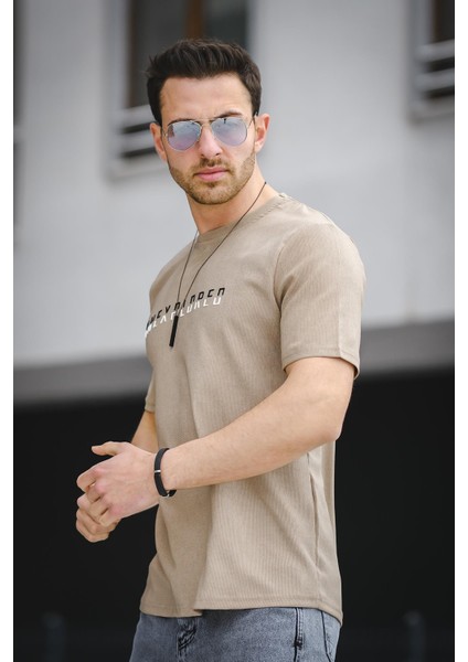 Unexplored Baskılı Comfort Fit Bisiklet Yaka Likralı Erkek Tshirt modelleri