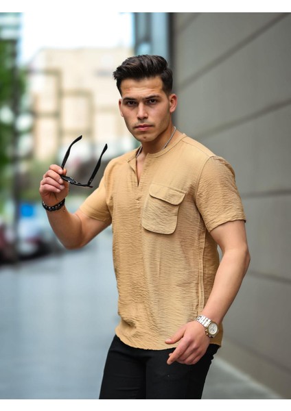 V Yaka Cep Detaylı Gömlek - Bej