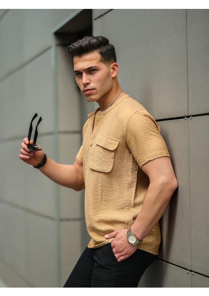 V Yaka Cep Detaylı Gömlek - Bej modelleri