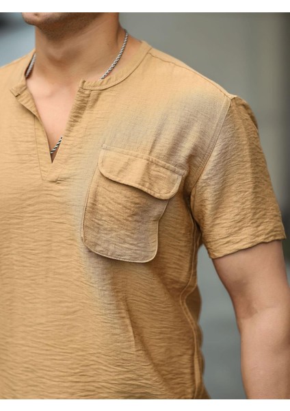 V Yaka Cep Detaylı Gömlek - Bej fırsatları