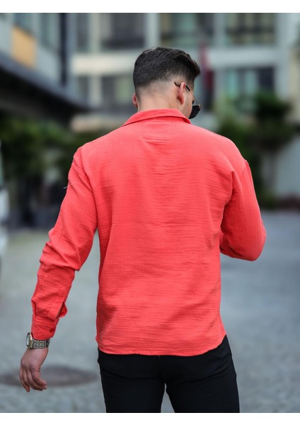 Oversize Müslin Kumaş Apaş Yaka Gömlek - Kırmızı