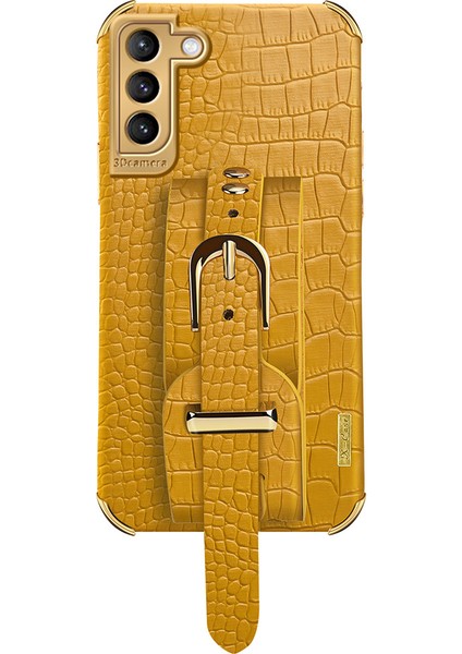 Samsung Galaxy S23 Timsah Doku Deri Kaplamalı Tpu Telefon Kapak Kayışı Kickstand Elektrokaplama Geri Kılıf (Yurt Dışından)